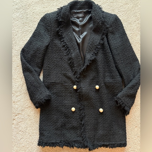 Zara Women's Black Frayed Tweed Boucle Blazer Jacket w Pearl Buttons, Small EUC - Picture 10 of 11